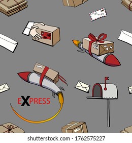 Las imágenes de patrón y color sobre el tema de la entrega, entrega de cohetes, correo, paquetes y letras sobre un fondo gris oscuro. Técnica gráfica manuscrita