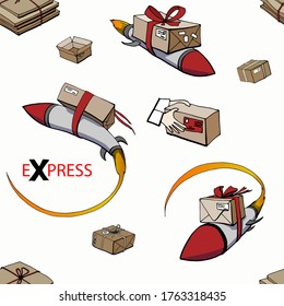 The pattern and color images on the subject of delivery, rocket delivery, mail, parcels and letters on white background. Handwritten graphic technique
