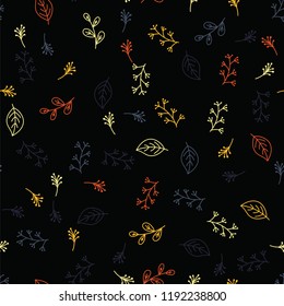 Pattern color leaves, foliage, branches hand painting on black background. Hand drawing pattern foliage plants, leaves, herbs on seamless background