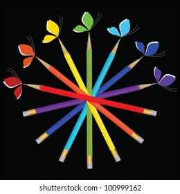 Pattern of color pencils and butterflies