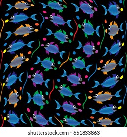 Pattern from color piranhas on a black background to print on a t-shirt and poster