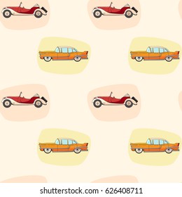 Pattern with color retro car for boy's. Vector seamless pattern with cartoon classic auto on neutral background. Pattern for boys