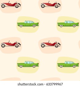 Pattern with color retro car for boy's. Vector seamless pattern with cartoon classic auto on neutral background. Pattern for boys