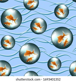 Pattern of a colored background with goldfish.Pattern from a background with goldfish and colored balls.