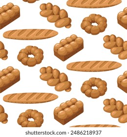 pattern of colored baking drawings, a natural illustration. Natural color scheme. Delicious bread pastries from different types of bakery products. Suitable for baking in cafes, bakeries. diversity