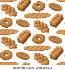 Pattern of colored baking drawings, a natural illustration. Natural color scheme. Delicious bread pastries from different types of bakery products. Suitable for baking in cafes, bakeries on white