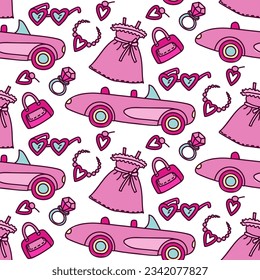 A pattern with a colored barbie outfit for a car ride on a white background. Dress, earrings, ring, bag and other details of jewelry for a girl. Printing on textiles and paper. Packaging