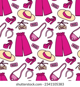 A pattern with colored barbiecore costumes on a white background. Outfits, a hat, shoes, hair clips and other details of jewelry for a girl. Printing on textiles and paper. Packaging