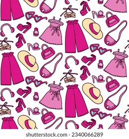 A pattern with colored barbiecore outfits on a white background. Outfits, a hat, glasses, a bag, shoes and other details of jewelry for a girl. Printing on textiles and paper. Packaging