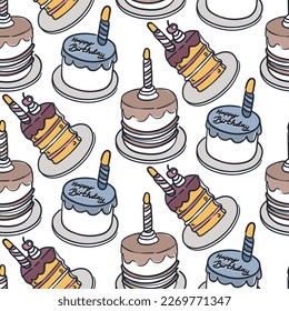 Ein Muster von bunten Geburtstagskuchen mit einer Kontur mit Kerzen und Cupcakes. Frische Konturelemente von Geburtstagskuchen. Hübscher Nachtisch-Hintergrund für Postkarte, Poster, Print-Design. Urlaubsgeschenk