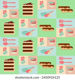 Pattern of colored blocks. Baking utensils and sweet cakes. Piece of cake and eclairs. Potholders - mittens and measuring spoons. Set of colorful bowls. Vector.