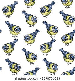 Pattern with colored blue and yellow bright birds, hand-drawn with a black outline. Repeat, rotate. The seamless texture of the bright birds is perfect for textiles, wallpaper, digital paper
