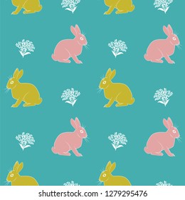 Pattern - colored bunnies with a bouquet of wildflowers on a turquoise background - vector.