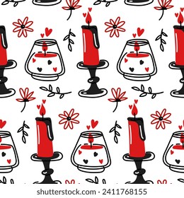 The pattern of colored burning candles. Love, romance. Seamless flat vector illustration. A burning candle in a glass cup, on a candlestick in flowers, branches. Valentine's Day, red, black, white