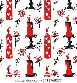 The pattern of colored burning candles. Love, romance. Seamless flat vector illustration. A burning candle on a candlestick, common in flowers, branches and leaves. Valentine's Day, red, black, white