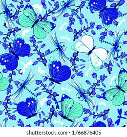 Pattern of colored butterfly,dragon-flies and blue flowers.