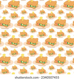 Pattern of colored cartoon Sandwiches seamless white background. The theme of breakfast, snack. Morning vibe. Breakfast for tea. Printing on textiles and paper. Packaging