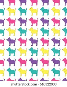 Pattern with colored dogs on the white background