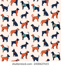 Pattern with colored dogs.Vector seamless pattern with dogs on a colored background.