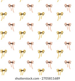 Patrón con lazos dobles de colores hechos de cintas delgadas. Textura festiva simétrica sin fisuras. Textura plana de color. Decorativo, con estilo para envolver regalos de Navidad, decorar textiles, usando festivo