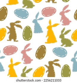 A pattern of colored Easter bunnies and eggs. The contours of rabbits and eggs are stitched along the edge. Rabbit or hare, a spring festive animal for Easter. Cartoon vector made of fabric. Packaging