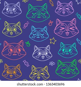 Pattern of colored faces of a raccoon with candies, stars and flowers on a dark blue background.