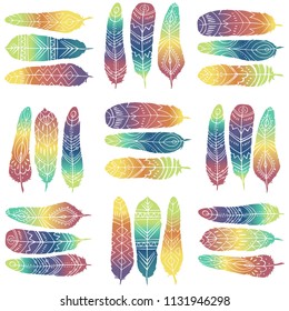 Pattern of colored feathers, vector feathers in the boho style. decorative illustrations for printing, postcards Colorful Ethnic feather. 