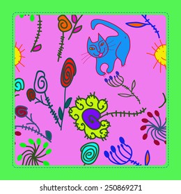 Pattern of colored floral motifs, cat, sun, spirals, frame on a pale pink background. Hand drawn.