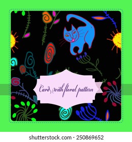 Pattern of colored floral motifs, cat, sun, spirals, frame, label on a  black   background. Hand drawn.