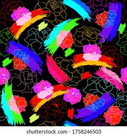 Pattern with colored flowers and abstract figure on dark background.