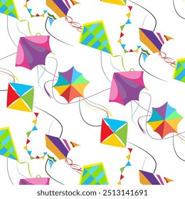 Pattern with colored flying kite, vector of kite sankranti, design cartoon celebration, holiday illustration, paper kites for decoration kids banner or wallpaper