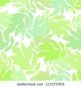 A pattern of colored green leaves on a white background, can be used for textiles, wallpapers, design of greeting cards and other works on the theme of nature, spring and summer