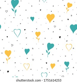 Pattern of colored hearts and black dots on white background. Vector seamless pattern.