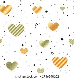 Pattern of colored hearts, black stars and dots on white background. Vector seamless pattern.