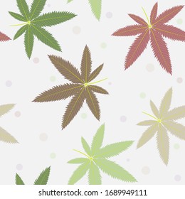 Pattern of colored hemp leaves and other decorative elements in the form of drops on a gray background, vector illustration