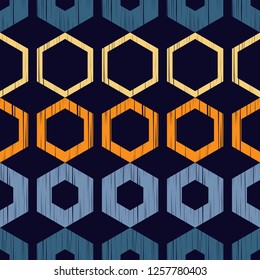 The pattern of colored hexagons with a dashed texture. Trendy seamless pattern designs. Vector geometric background. Mosaic texture. Can be used for wallpaper, textile, invitation card, wrapping, web 