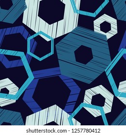 The pattern of colored hexagons with a dashed texture. Trendy seamless pattern designs. Vector geometric background. Mosaic texture. Can be used for wallpaper, textile, invitation card, wrapping, web 
