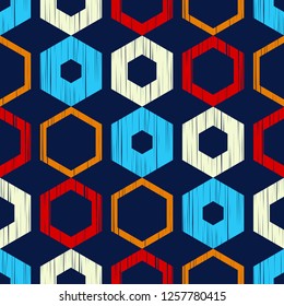 The pattern of colored hexagons with a dashed texture. Trendy seamless pattern designs. Vector geometric background. Mosaic texture. Can be used for wallpaper, textile, invitation card, wrapping, web 