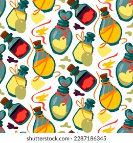 A pattern with colored jars of potions. Mysticism, magic, religion. Poisons with spots. Vector seamless pattern for printing on fabric and paper. Repetitive fashionable stylish texture for Halloween