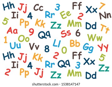 pattern of colored letters and numbers on a white background, colored alphabet