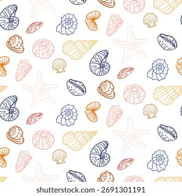 pattern of colored outline shells, corals, stars. flat outline seamless texture of hand-drawn objects. delicate summer design for marine and beach-themed prints, nature projects, educational materials