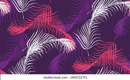 Pattern, colored palm leaves on an eggplant background. Typographic graphic print, trendy pattern for fabrics, wrapping, wallpaper.