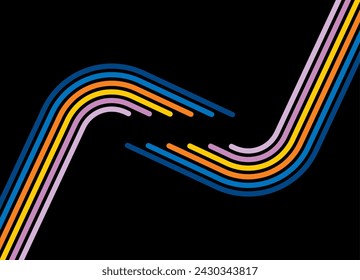 
Pattern of colored parallel lines on a black background in retro style. The basis for the design of advertising, a poster, a cover with a mouse for text. Sports design element. Vector background