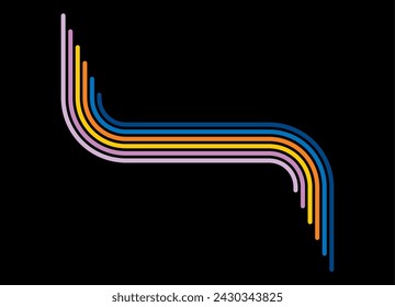 Pattern of colored parallel lines on a black background in retro style. Sports design element. 70 years. Vector background