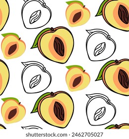 A pattern of colored peaches with a contour, half. Bright colors, detailed texture, realistic shading of fruits with leaves. Vector illustration in seamless texture for printing. Pattern on white