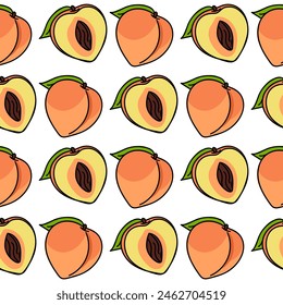 A pattern of colored peaches with a contour, whole and in section. Bright colors, detailed texture, realistic shading of fruits with leaves. Vector illustration in a seamless texture for printing