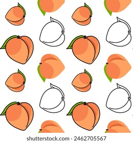 A pattern of colored peaches with a contour, whole. Bright colors, detailed texture, realistic shading of fruits with leaves. Vector illustration in seamless texture for printing