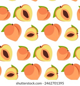 A pattern of colored peaches, whole and in section. Delicate colors, detailed texture, realistic shading of fruits with leaves. Vector illustration in a pair. Colored delicate fruits are highlighted