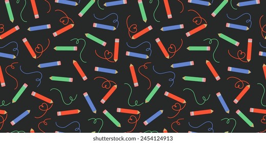 Pattern colored pencils and line drawing. Line, heart shape, zigzag drawn in pencil. Stationery. Vector illustration, seamless background.