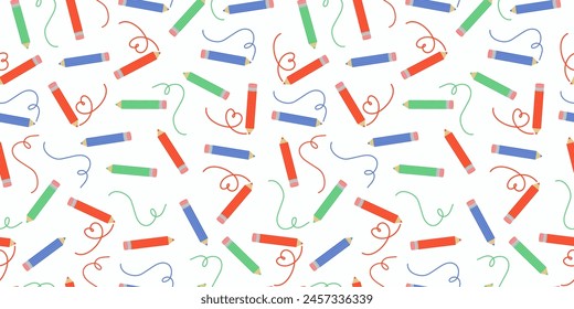 Patrón de lápices de colores y dibujo de línea. Línea, forma de corazón, en zigzag dibujado a lápiz. Papelería. Ilustración vectorial, fondo sin fisuras.